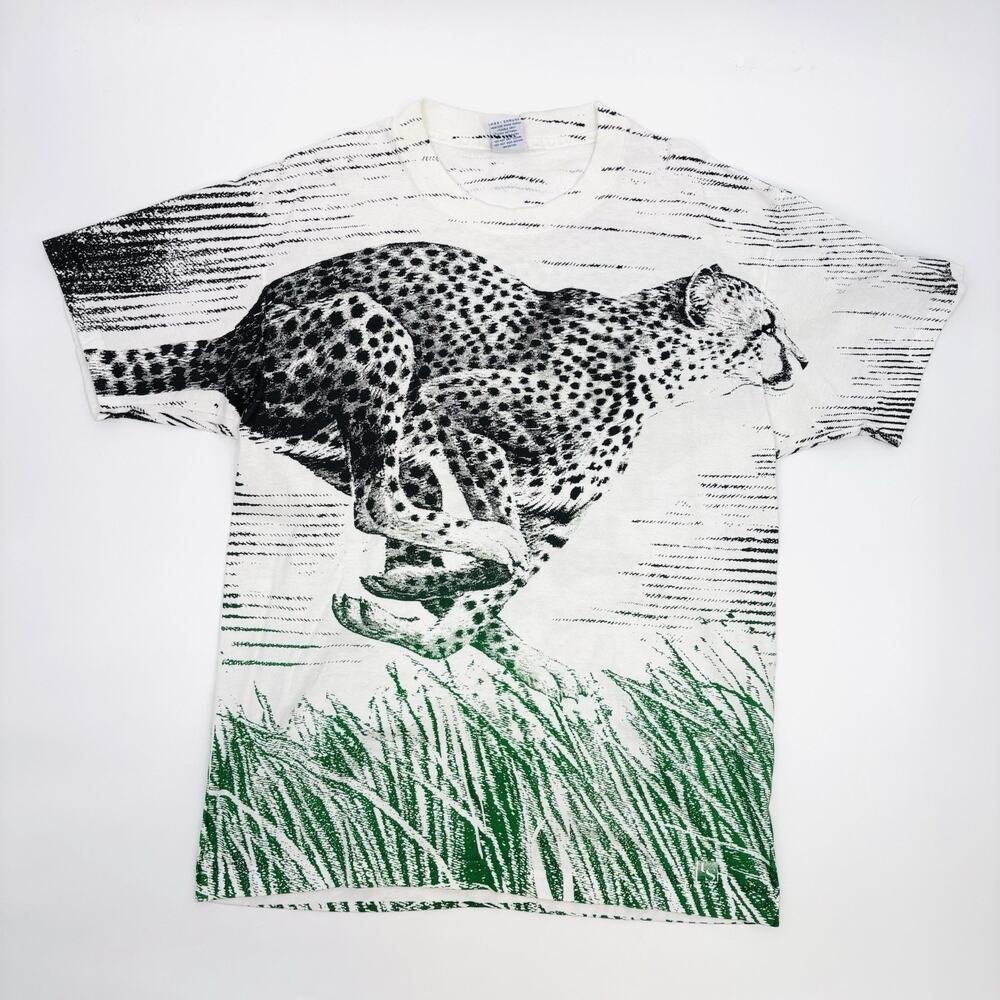 Vintage 90s Nature Tee AOP Cheetah Sprint USA Single Stitch Mens Large VTG